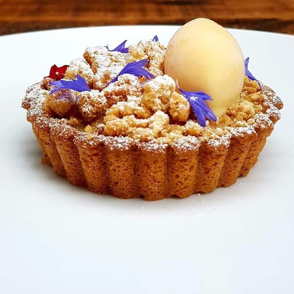 Rhubarb & apple crumble tartlet, tea ice cream caesars the dolphin braintree finest restaurant essex